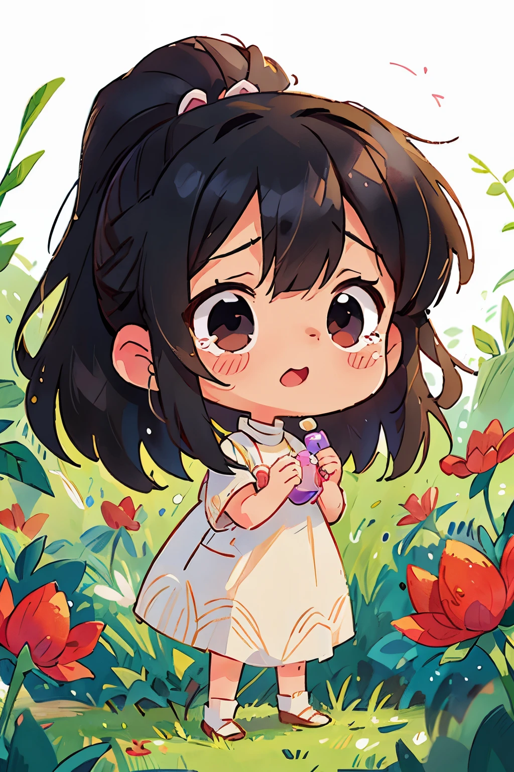 3 year old standing in a flower field、crying face、cute、black hair、ponytail、Straight hair、white dress、Portrait
