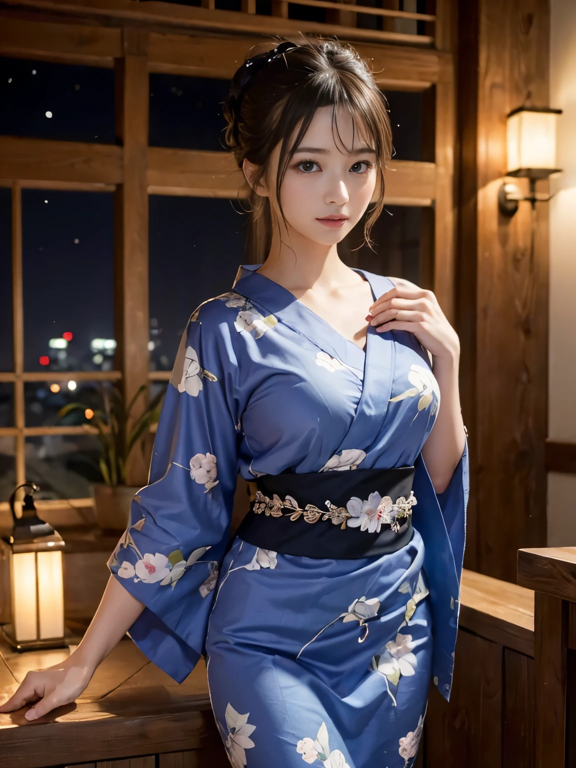 (masterpiece,Super detailed,8k,highest quality:1.5),((very cute)),best image quality, two dimensional beauty,sensual figure,intricate details,charm, realistic texture, charmな,(moonlight、Firefly Light:1.3),(Wearing a blue yukata),Right shoulder visible、beautiful and delicate hands