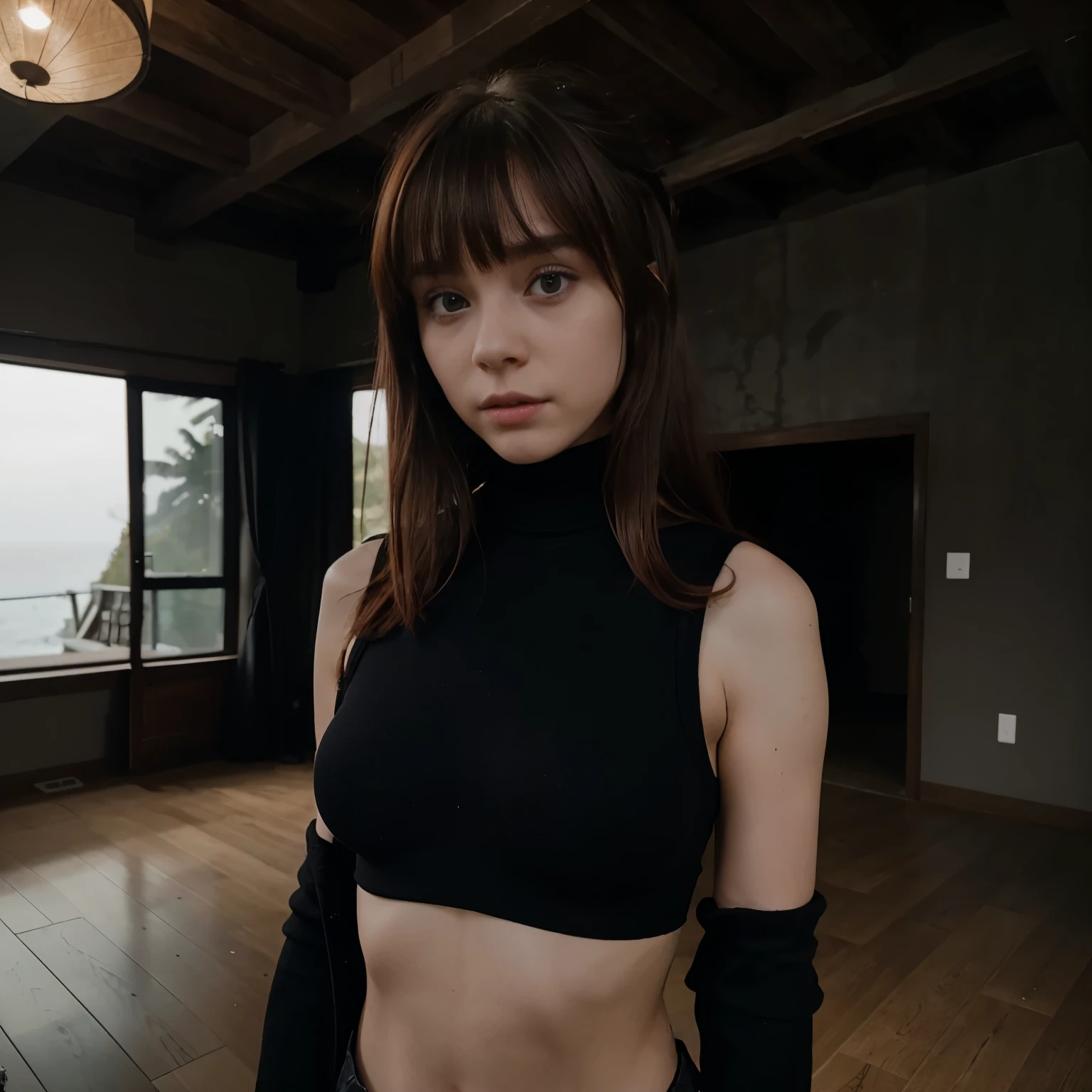 kid girl with black eyes with red-haired Shoulder-length hair with bangs wearing a black turtleneck Wearing a bra underneath Inside a blacked out modern mansion in the woods with a view of the ocean on a foggy day