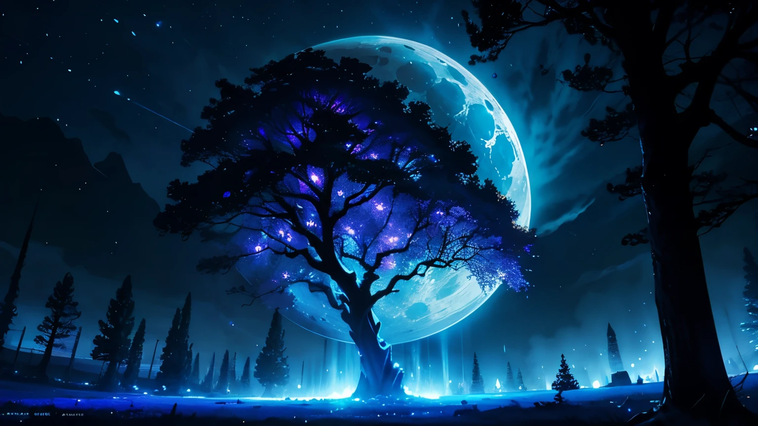blue Moon,light shining on the tree,dynamic angle,wide angle,The sky sparkles in blue and purple,fantasy,Fantastic,eerie darkness,Landscape painting
