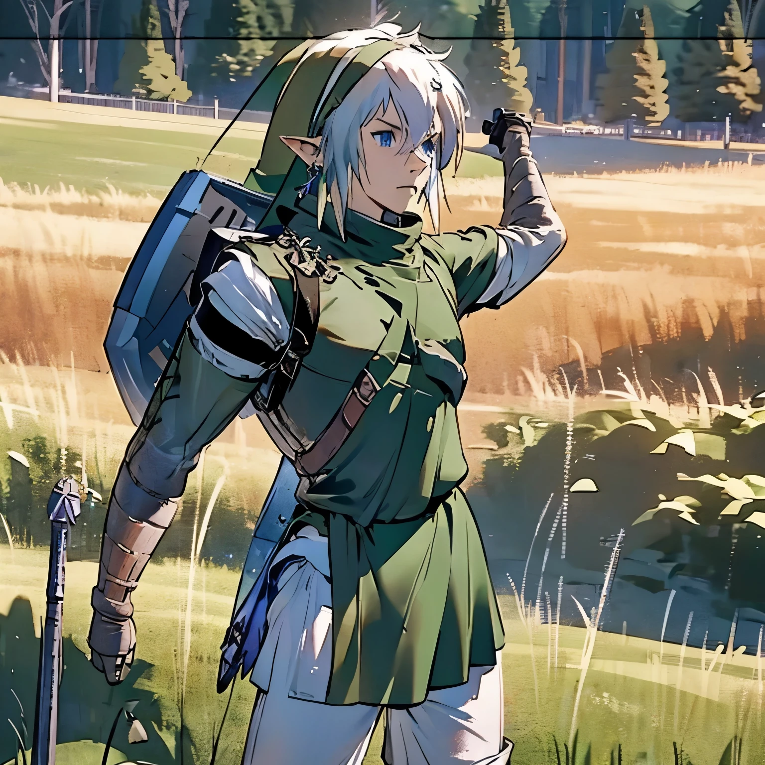 1 man. Nier. Adult.  White hair.  Blue eyes.  ((((Wearing a green Link's tunic)))). In a field 