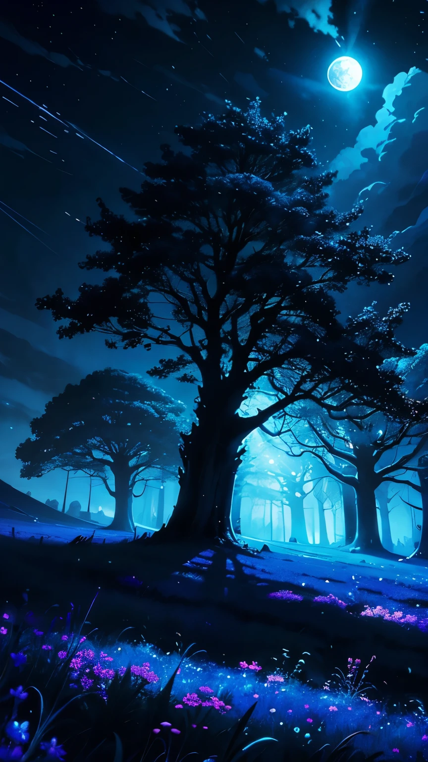blue Moon,light shining on the tree,dynamic angle,wide angle,The sky sparkles in blue and purple,fantasy,Fantastic,eerie darkness,Landscape painting