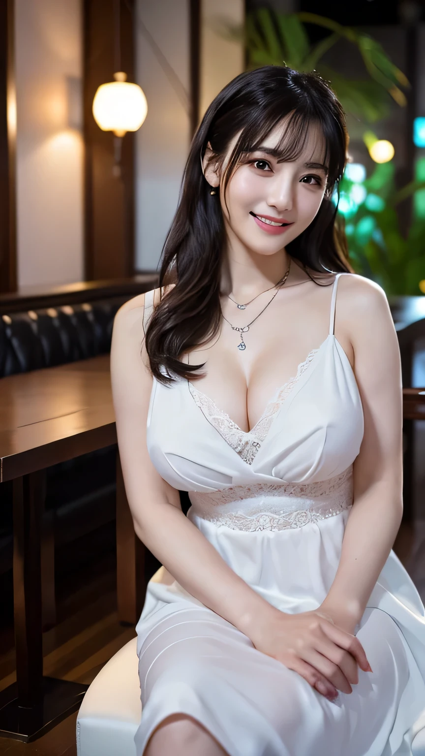 highest quality, Photoreal, finely, High resolution, 8k wallpaper, perfect dynamic composition, beautiful and detailed eyes, black hair、big and full breasts, random sexy pose,chest to chest、(Breast bulge 1.3)、laughter、(droopy eyes 1.4)、adult beauty、Japanese、look at the person taking the photo、(midnight,beautiful and detailed sky,Detailed cafe,sitting,date,Floating hair NovaFrogStyle,white dress、necklace)、20 year old girl