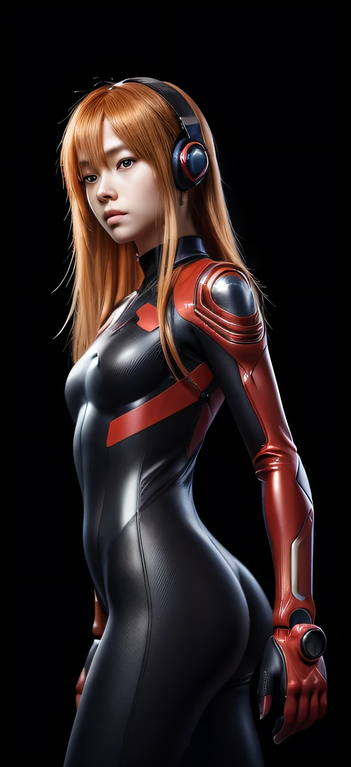 official art, Unity 8K wallpaper, ultra detailed, beautiful and aesthetic, masterpiece, best quality, realistic, Full body Shot, skindentation, souryuu asuka langley, headset interface, bodysuit under clothes, detailed eyes, detailed face, detailed hair, black background, straight-on, looking at the viewer, shiny
