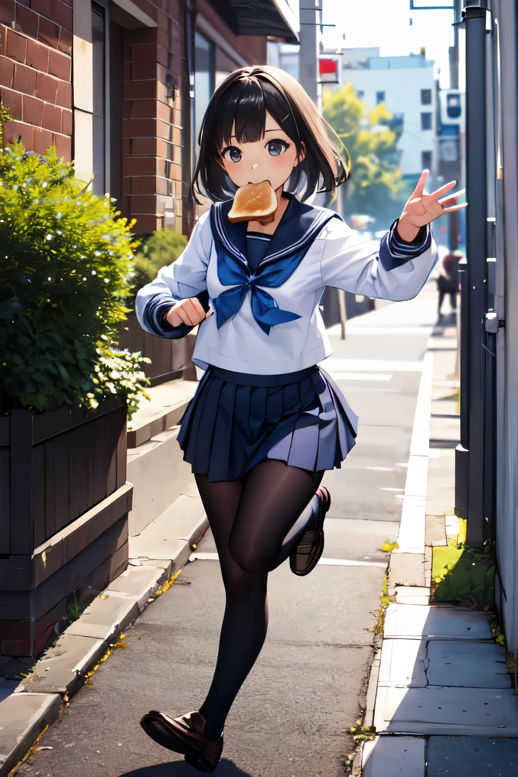 masterpiece, highest quality, girl, serafuku, blue bow, pleated skirt, blue socks, loafers, city street, running, toast in your mouth,