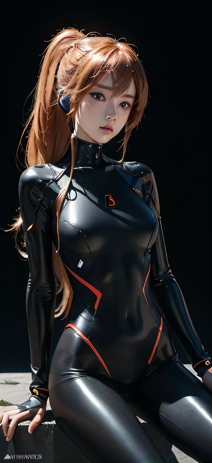 official art, Unity 8K wallpaper, ultra detailed, beautiful and aesthetic, masterpiece, best quality, realistic, Full body Shot, skindentation, souryuu asuka langley, headset interface, bodysuit under clothes, detailed eyes, detailed face, detailed hair, black background, straight-on, looking at the viewer, shiny