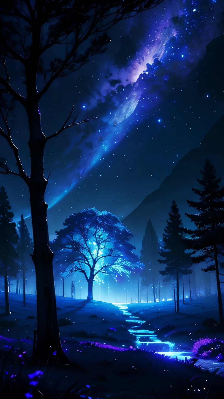 blue Moon，light shining on the tree，dynamic angle，wide angle，The sky sparkles in blue and purple，fantasy，fantasy，eerie darkness，Landscape painting