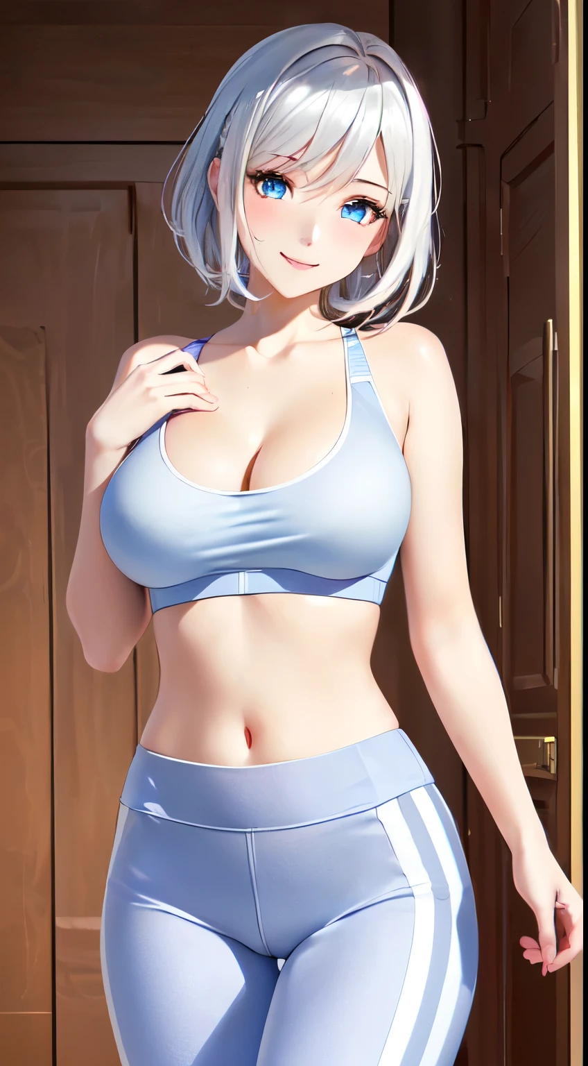 (masutepiece,the Extremely Detailed CG Unity 8K Wallpapers:1.5),(beutiful breast,Farbe_aberration,beautiful detailed shadow,Beautiful eyes,Beautiful body,Beautiful skin,beautifull hands:1.5),(Vivid colors,Realistic, hyper realisitic:1.5),(Curve,glamor,Seductive smile:1.5),(Shiny hair,bleached hair,blue eyess:1.5),(in a house,Bedrooms:1.5),delicate patterns,intricate detailes,red blush,shinny skin,Seductive Anime Girl, [ 4 k digital art ]!!, beautiful alluring anime woman, painted in anime painter studio, Smooth Anime CG Art, made with anime painter studio, realistic anime 3 d style,Unparalleled beauty, Lustrous and firm skin, Silver hair, Beautiful and nice girl,kindly smile,Short hair,french braid hair,Sportsbra,leggins desnuda