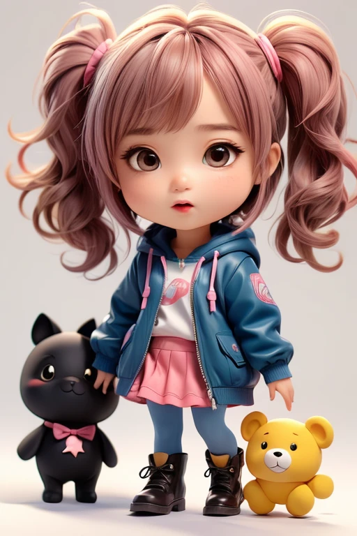 (masterpiece:1,2),(best quality:1.2),(ultra detail:1.3),1girl,star (symbol),star hair ornament,pink hair,solo,skirt,twintails,hair ornament,hood,hood down,skyblue clothes,pink footwear,backpack,female ,earrings,freckles,long sleeves,star print,jewelry,jacket,open clothes,bangs,,full body,hoodie,drawstring,pink skirt,open jacket,shoes,standing,long hair,bag,pantyhose,gradient,pink background,blurry,boots,stuffed toy,pocket,blunt bangs,gradient background,simple background,