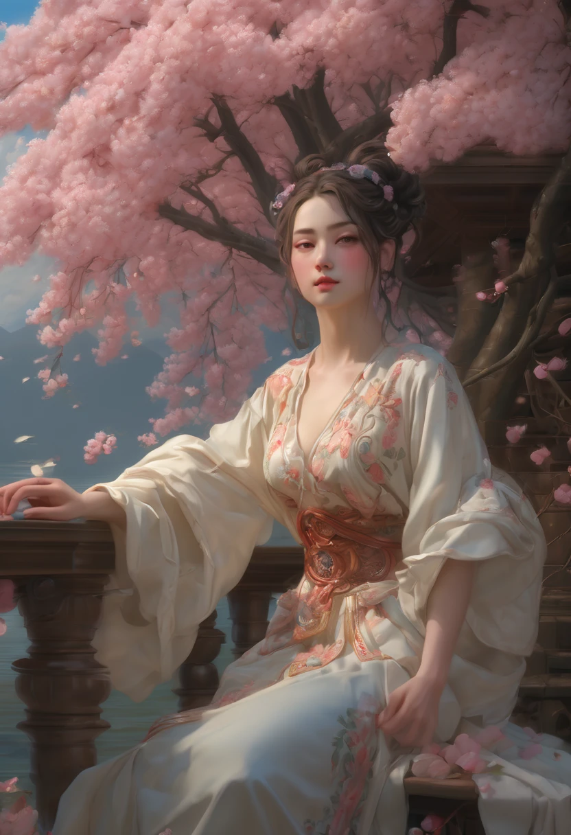 1girl, The Sakura Maiden, Treehouse built in a Cherry Blossom Tree, a very intricate and hyper-detailed oil painting by Daniel F Gerhartz, Clint Cearley, Eve Ventrue, volumetric lighting, gorgeous, swirling ornamentals, fluid acrylic, elegant gradients, photorealistic, a masterpiece, trending on Artstation, triadic colors, Epic cinematic brilliant stunning intricate meticulously detailed dramatic atmospheric maximalist digital matte painting, aesthetic