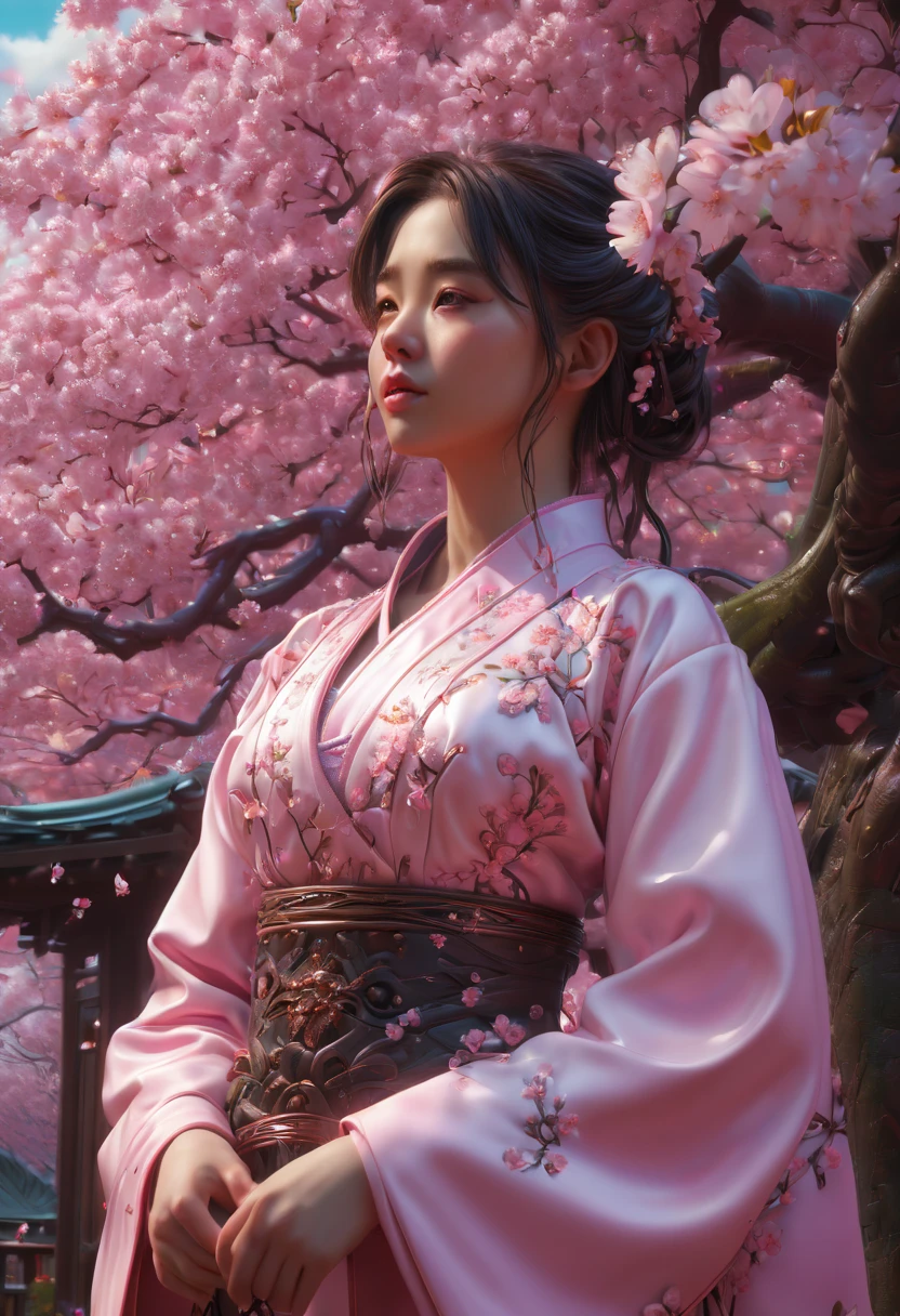 1girl, The Sakura Maiden, Treehouse built in a Cherry Blossom Tree, a very intricate and hyper-detailed oil painting by Daniel F Gerhartz, Clint Cearley, Eve Ventrue, volumetric lighting, gorgeous, swirling ornamentals, fluid acrylic, elegant gradients, photorealistic, a masterpiece, trending on Artstation, triadic colors, Epic cinematic brilliant stunning intricate meticulously detailed dramatic atmospheric maximalist digital matte painting, aesthetic
