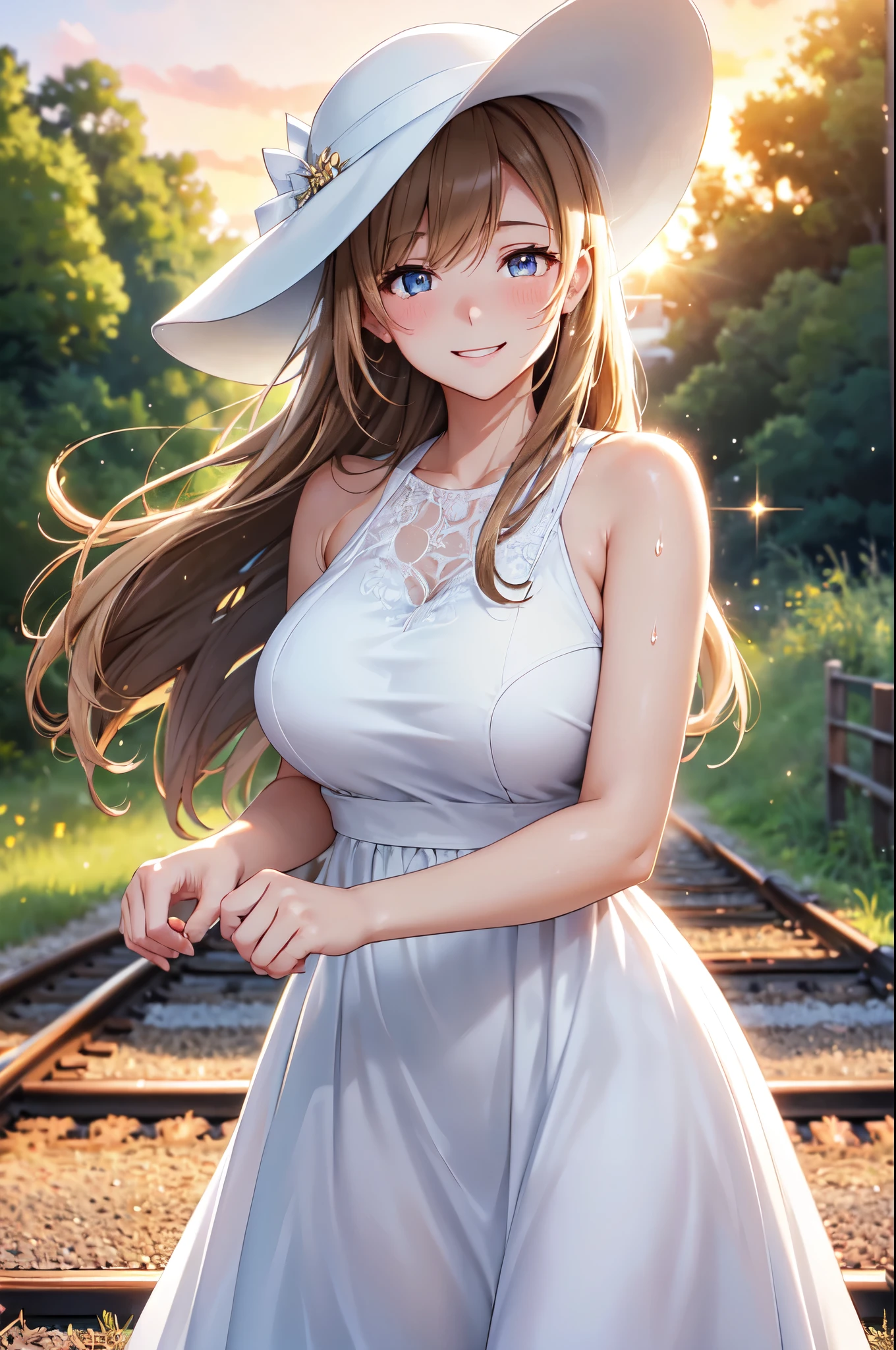 (High quality, High resolution, Fine details), setting sun, Backlight, A straight stretch of railroad track, White Dress, White Hat, solo, curvy women, light brown hair, sparkling eyes, (Detailed eyes:1.2), smile, blush, Sweat, Oily skin, shallow depth of field, Fantastic
