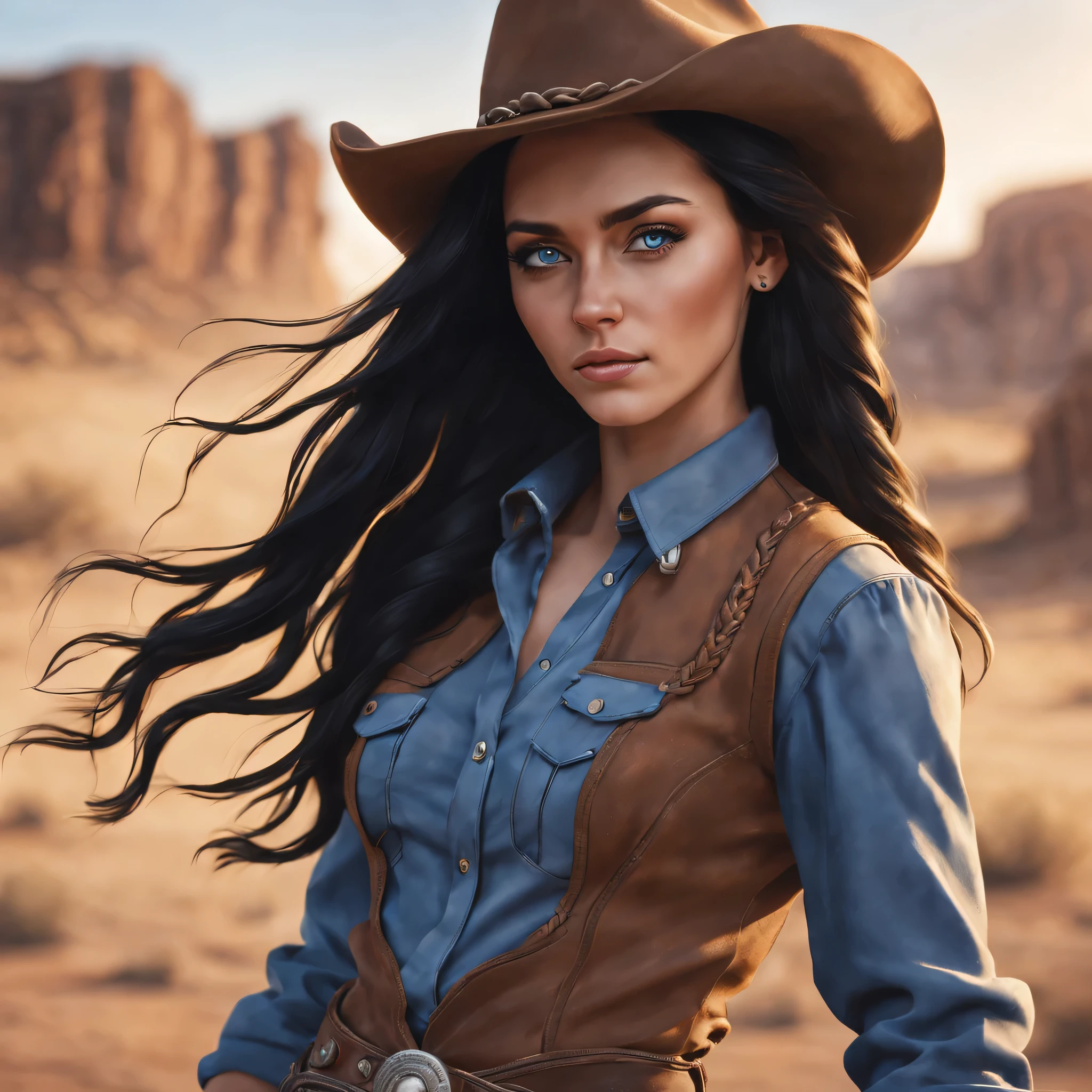 Young woman, cowboy, with long black hair and blue eyes, bright skin, cowboyская шляпа. Illustration, dusty desert, Sunset silhouette, He has, boots, , long braided hair, proud expression, Wild West atmosphere, rustic colors, warm lighting. photorealism, beauty.