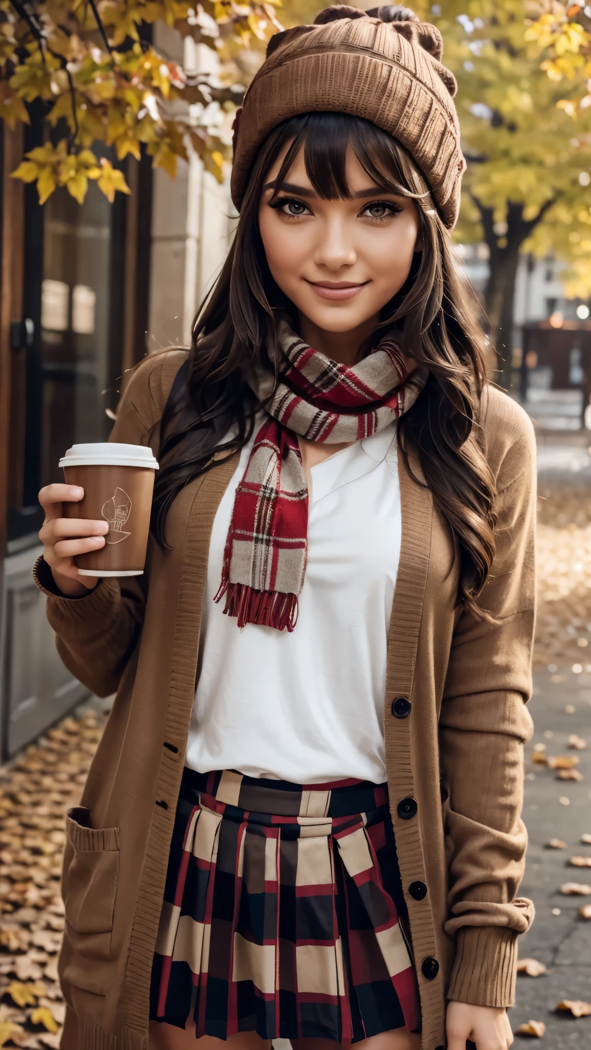 1girl, autumn leaves, bangs, black headwear, blurry background, blush, brown eyes, brown hair, brown scarf, brown skirt, cardigan, coffee, cowboy shot, cup, disposable cup, drink, falling leaves, beanie, holding, holding drink, leaf, long hair, long sleeves, looking at viewer, open cardigan, open mouth, plaid, plaid skirt, puffy long sleeves, red sweater, scarf, shirt, shirt tucked in, sidelocks, skirt, smile, solo, sweater, white shirt, extremely detailed, intricate, masterpiece, absurdres