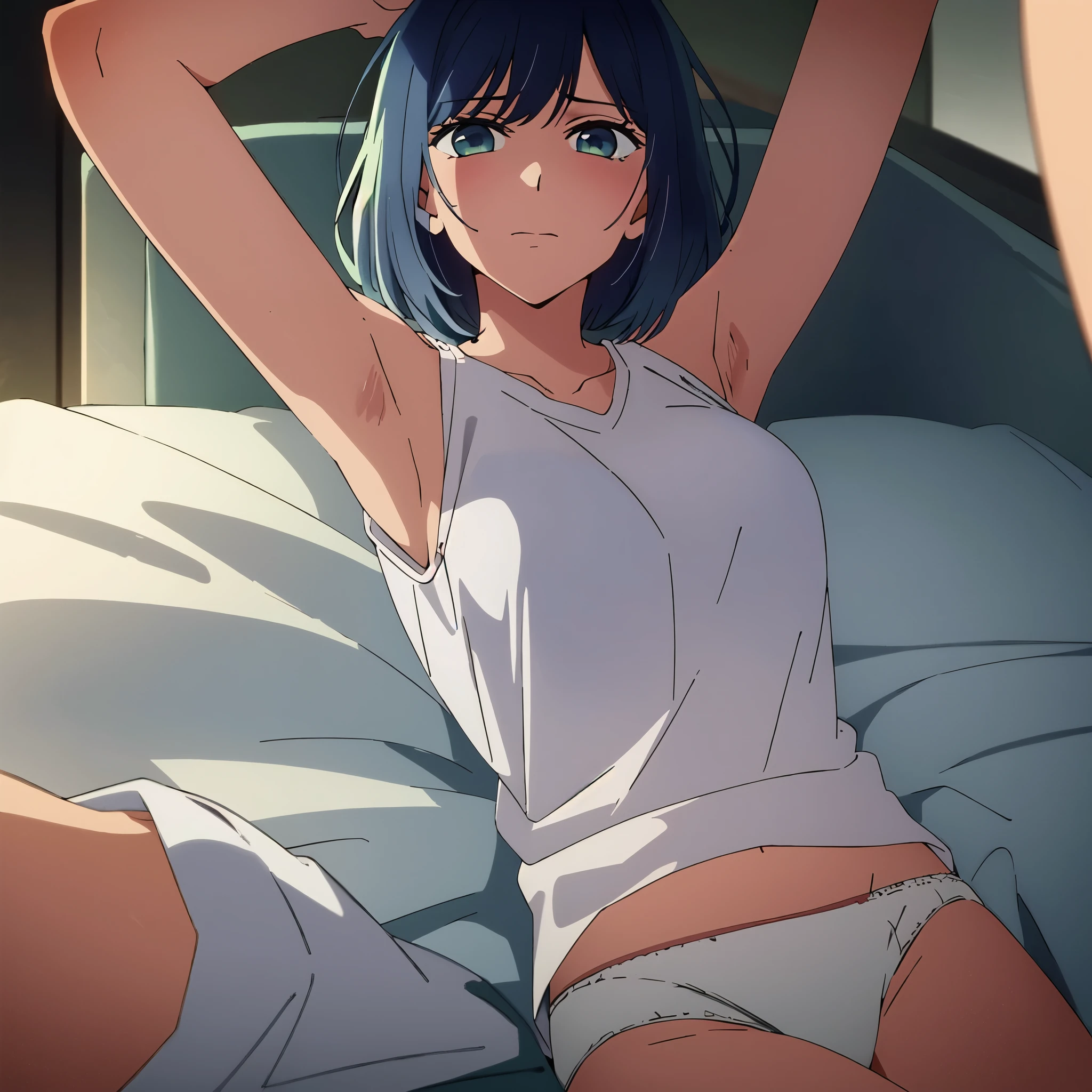 masterpiece, high quality, 8k, beautiful lighting, 1 girl, alone, Akane,,, looking at the viewer, medium breasts, short hair, lie on your back、lying down、on the bed、shy、Reddening of the face、distressed look、nipple、white panties