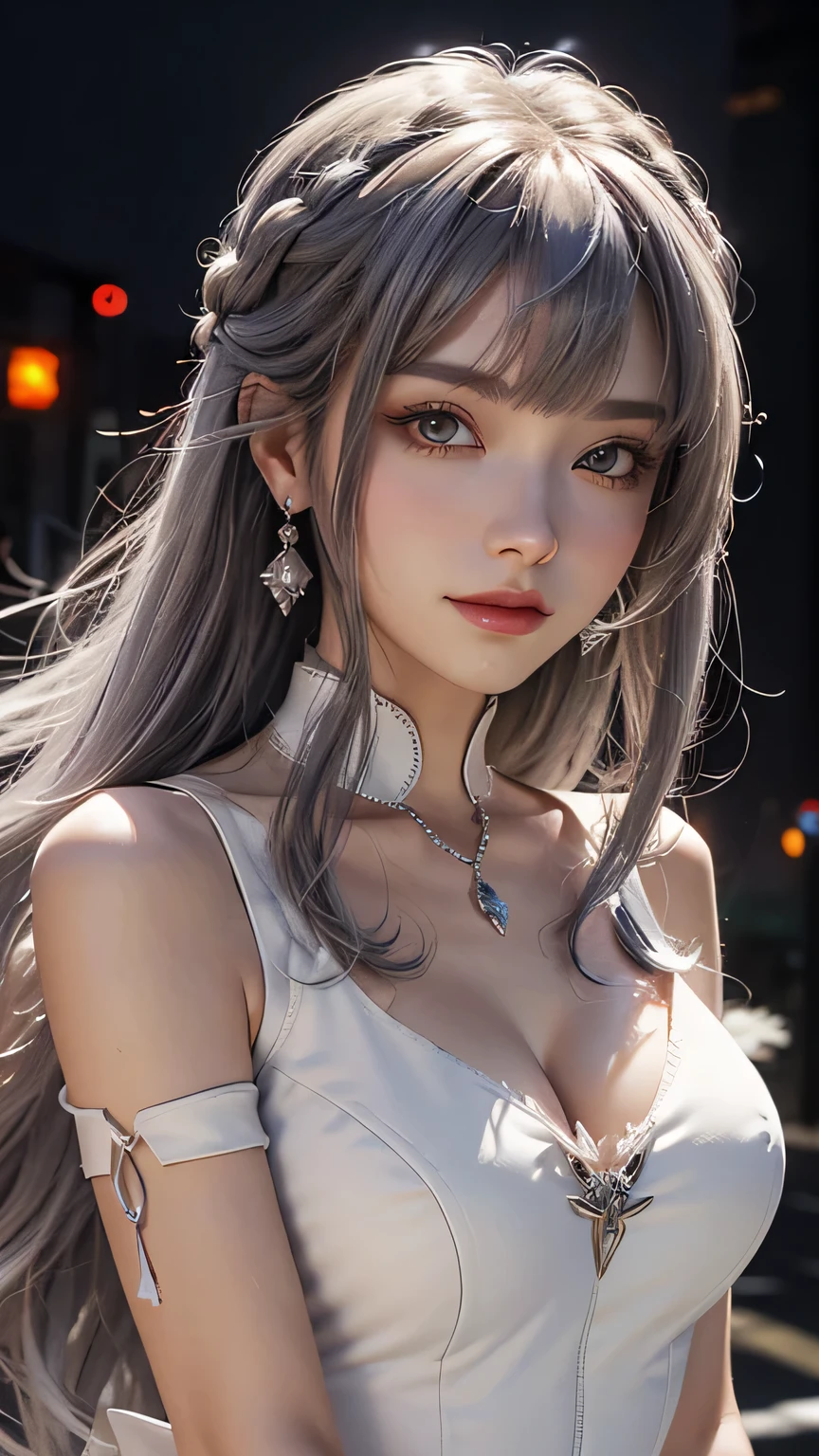 (Realistic painting style:0.9), masterpiece, best quality, absurdres, looking at viewer, solo, bronya zaychik (silverwing n-ex), bronya zaychik, red pupils, 1girl, solo, breasts, long hair, dress, grey hair, cleavage, looking at viewer, smile, closed mouth, bangs, grey eyes, jewelry, single glove, earrings, white dress, gloves, bare shoulders, sleeveless dress, drill hair, sleeveless, single sleeve, hair between eyes, large breasts, twin drills, white sleeves, hair ornament, single pauldron, city, night