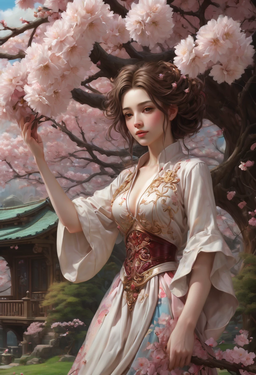 1girl, The Sakura Maiden, Treehouse built in a Cherry Blossom Tree, a very intricate and hyper-detailed oil painting by Daniel F Gerhartz, Clint Cearley, Eve Ventrue, volumetric lighting, gorgeous, swirling ornamentals, fluid acrylic, elegant gradients, photorealistic, a masterpiece, trending on Artstation, triadic colors, Epic cinematic brilliant stunning intricate meticulously detailed dramatic atmospheric maximalist digital matte painting, aesthetic