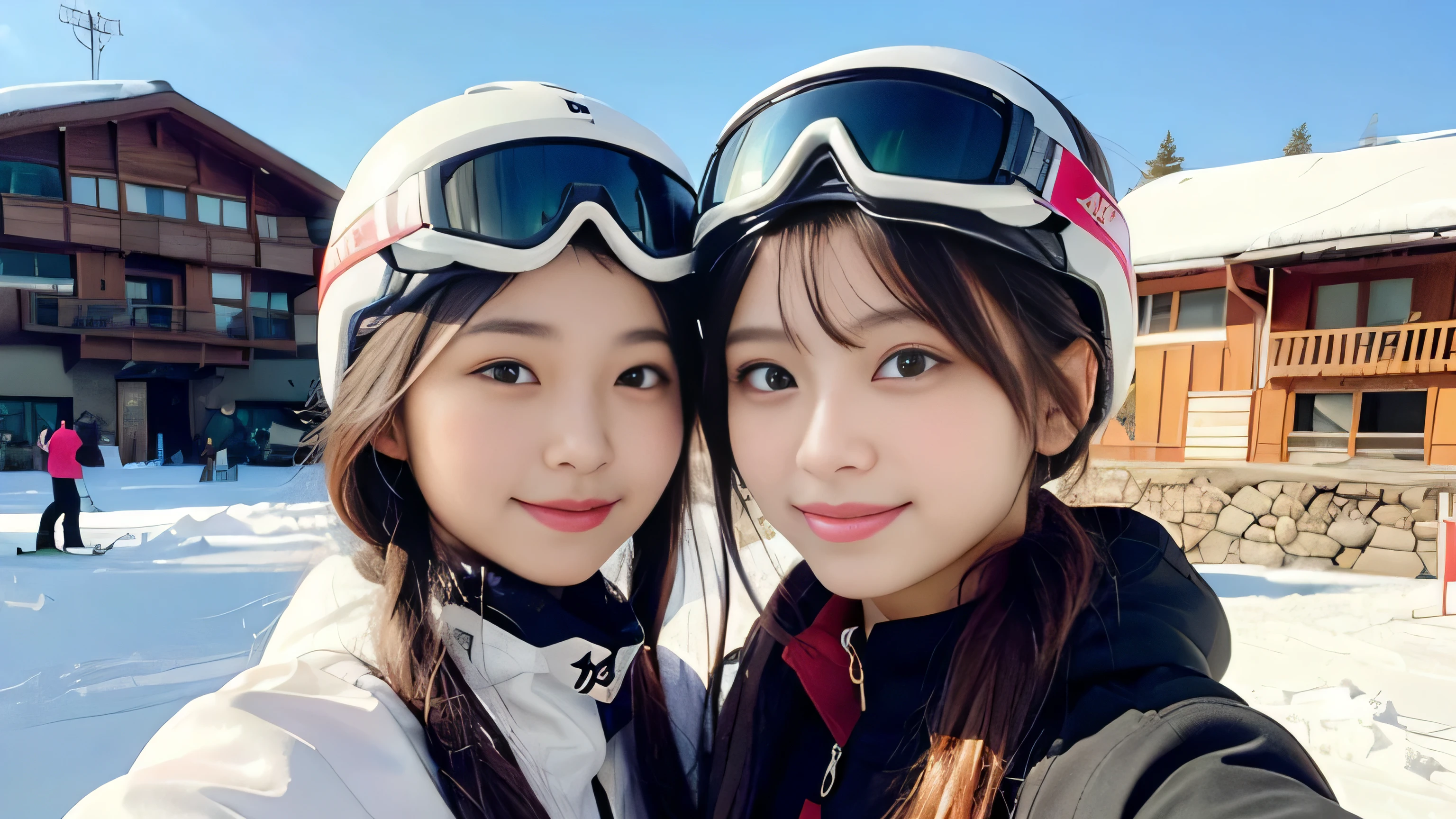 Japanese college student, a picture of 2 women, highest quality, shape, Super detailed, finely, High resolution, 8k wallpaper, 完璧なダイナミックな構shape, beautiful and detailed eyes, natural lip, whole body,((ski helmet))(((The background is a ski resort)))(((wear ski wear)))(((gentle smile)))((upper body image)))
