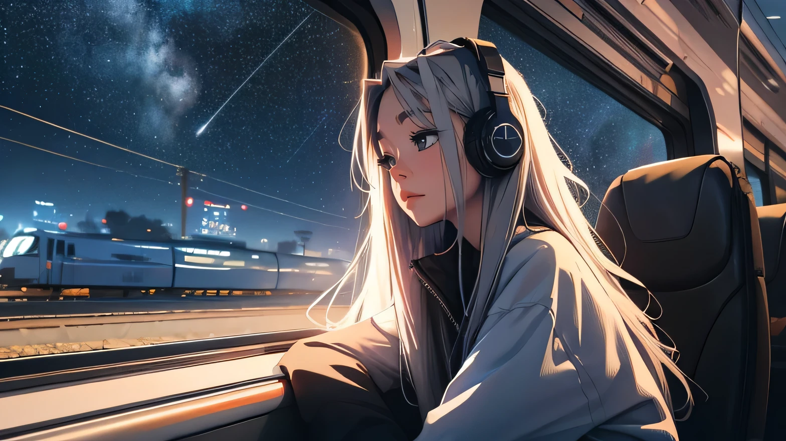 train,  Sit by the window, wearing headphones, take a pensive posture, look at the stars, My head got stuck in the glass, Scenery passing by at high speed, night trip, Beautiful girl, UHD Portraits, (high quality) (ultra detail) Observation of a viewer wearing hip-hop style street clothes; different, fancy, long colored silver hair 🌈