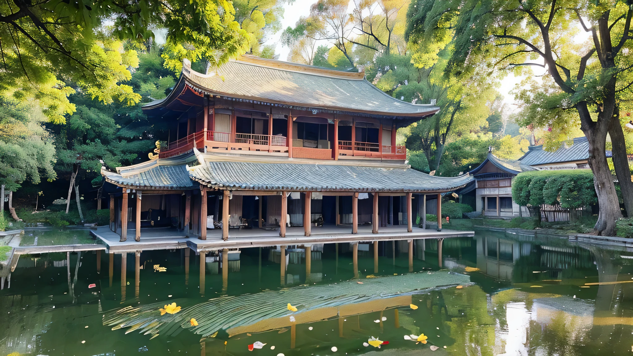 Hand drawing of antique buildings in suburbs, timberwork, The lake is very clear,Fallen leaves float,lotus leaf green,Koi light swim,Taihu Shiwu,Willows fluttering,sunset light,water sparkling。Sunlight shines through the leaves on the ancient house, Surrounded by greenery, warm color, low angle view, natural lighting, Fujifilm camera, extensive composition