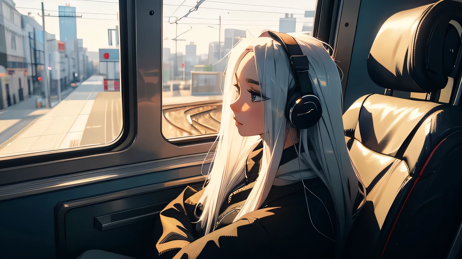 train, Sit by the window, wearing headphones, take a pensive posture, My head got stuck in the glass, Scenery passing by at high speed, night trip, Beautiful girl, UHD Portraits, (high quality) (ultra detail) Observation of a viewer wearing hip-hop style street clothes; different, fancy, long colored silver hair 🌈