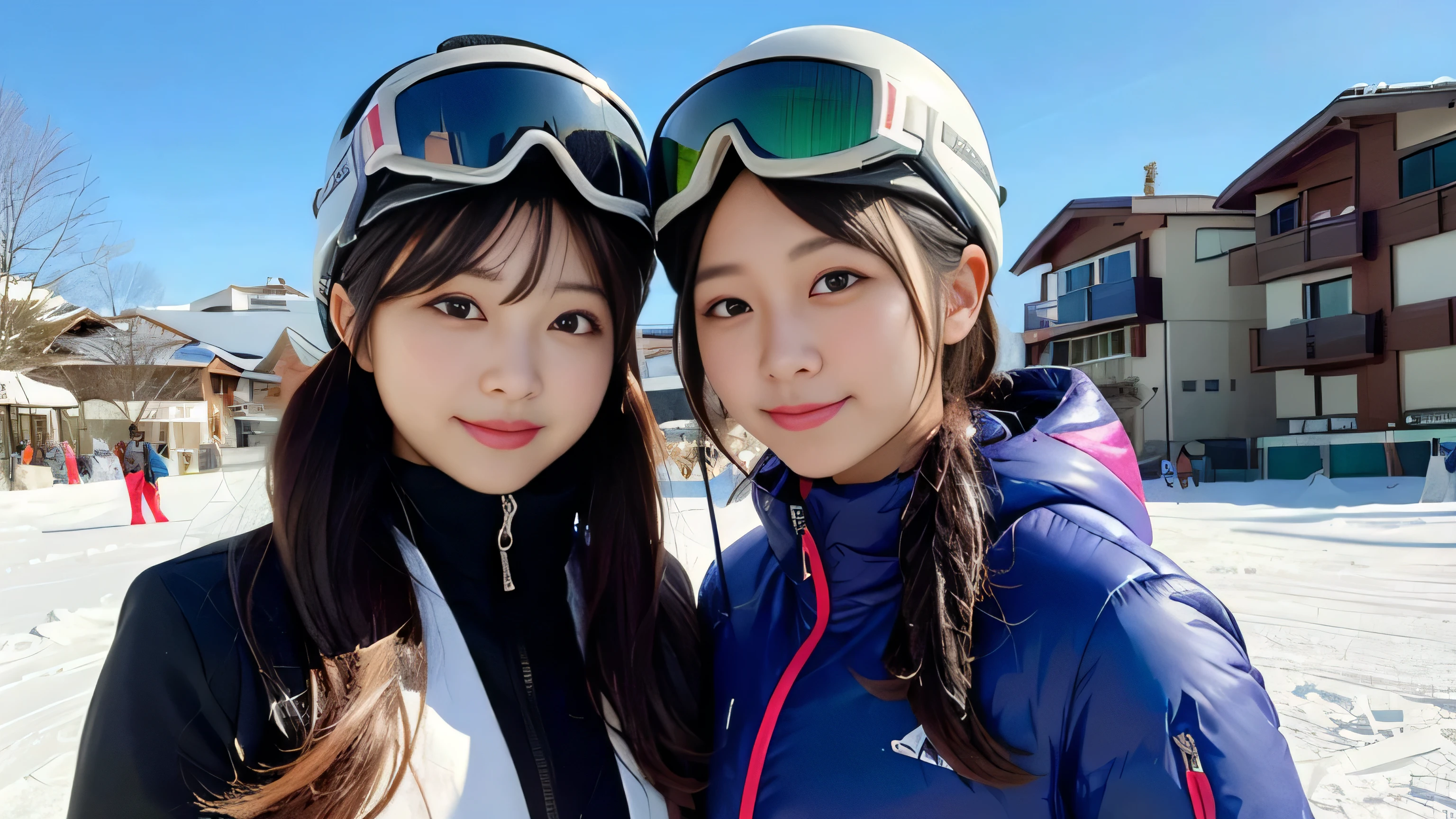 Japanese college student, a picture of 2 women, highest quality, shape, Super detailed, finely, High resolution, 8k wallpaper, 完璧なダイナミックな構shape, beautiful and detailed eyes, natural lip, whole body,((ski helmet))(((The background is a ski resort)))(((wear ski wear)))(((gentle smile)))((upper body image)))