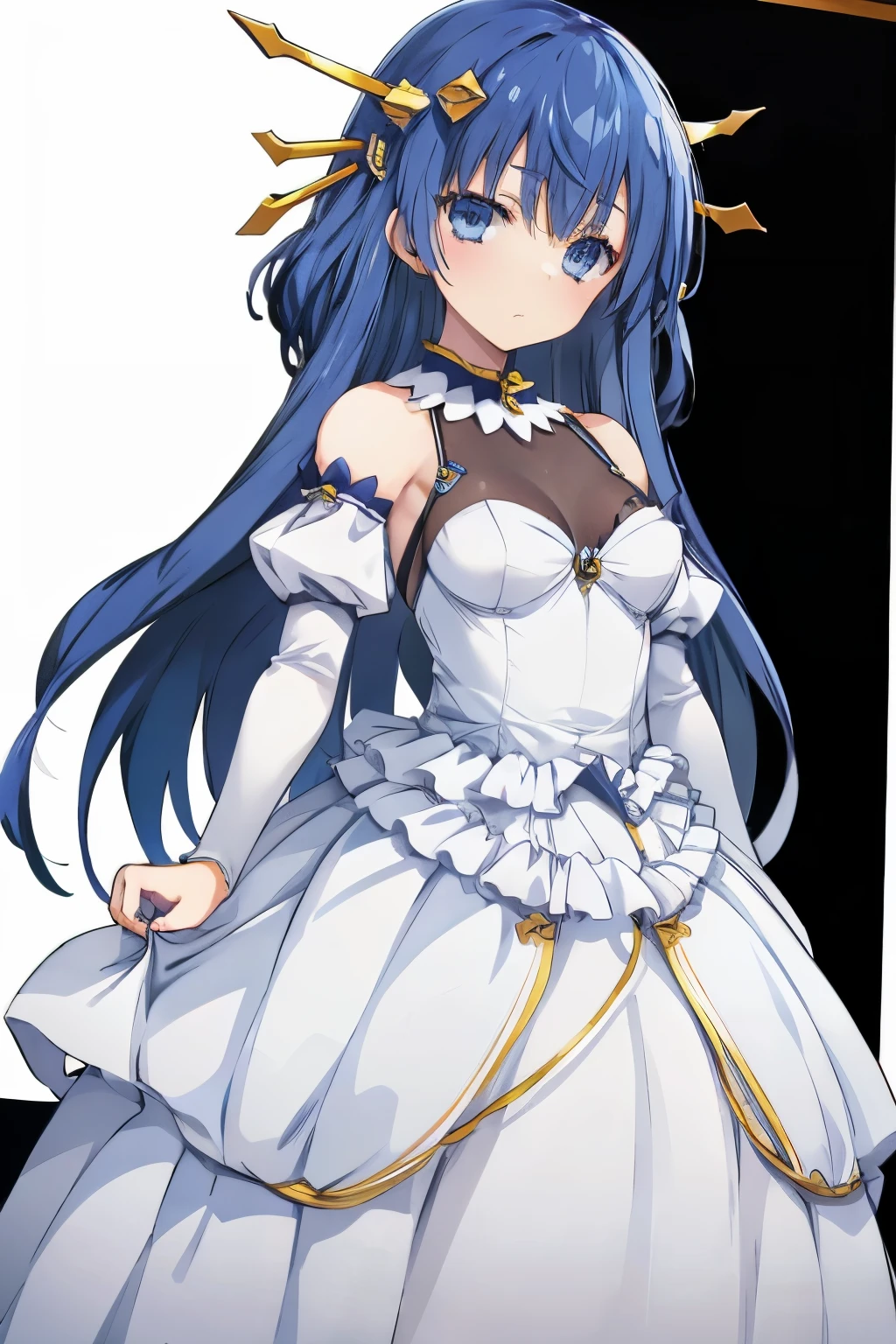 lia parapara leazas, long hair, blue eyes, hair ornament, blue hair,dress, bare shoulders, frills, detached sleeves,white background,Highest image quality,masterpiece