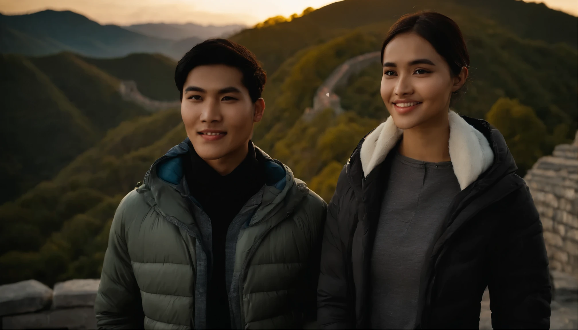 medium shot, A 22-year-old Indonesian man (light yellow skin, Ideal body, black hair), wearing a jacket, standing side by side with a 21 yo Indonesian woman (in a hijab, jacket), they are smiling facing the camera, against the background view of great wall china, Near sunrise, ultra HD, original photo, very detailed, very sharp, 17 mm lens --v 6.0 --ar
9:16 Image