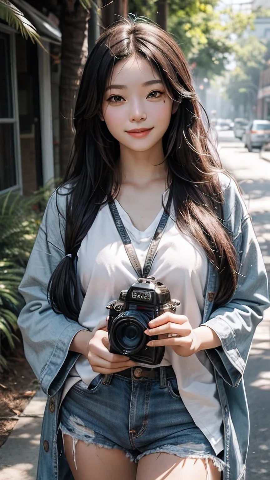 woman posing for a photo, Laugh, Happy, Long hair, Straight hair, finely detailed skin, During the day, A hot summer day, Nature lighting, detailed face:1.2, sharp focus, Hasselblad photography, masterpiece, Light makeup, cinematic lighting, 4k, best quality