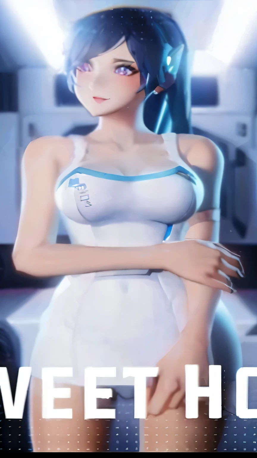 a close up of a woman in a white dress with a blue hair, echo from overwatch, kda, inspired by Leng Mei, smooth white tight clothes suit, from overwatch, perfect android girl, mercy ( overwatch ), gynoid body, thicc, smooth translucent white skin, tracer in a skintight dress, smooth tiny details, smile, beautiful, sexy, medium breasts