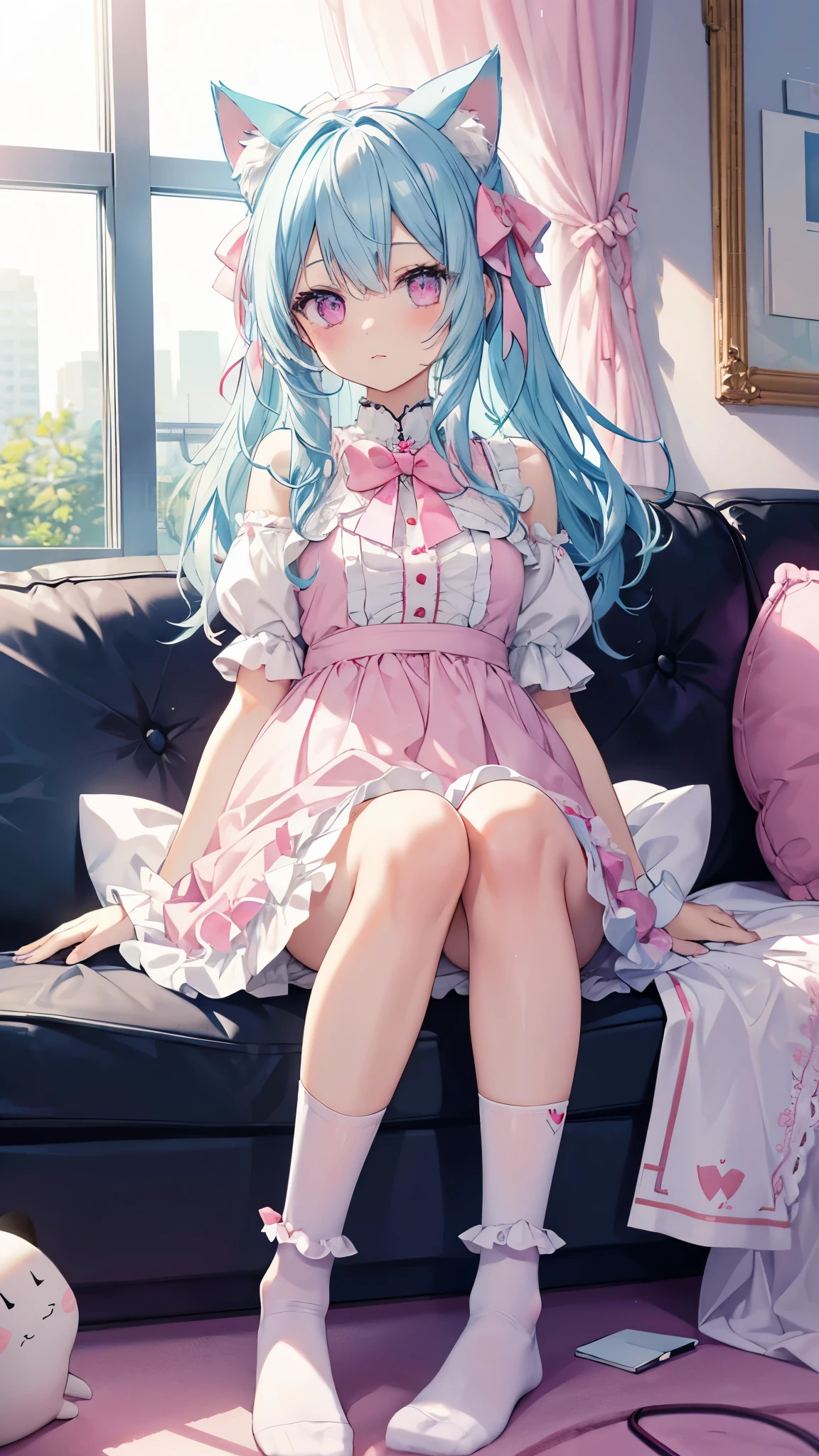 light blue hair,Cat ear,pink eyes,light blue ta,white socks,pink bow,in the room,sitting on the sofa,live room