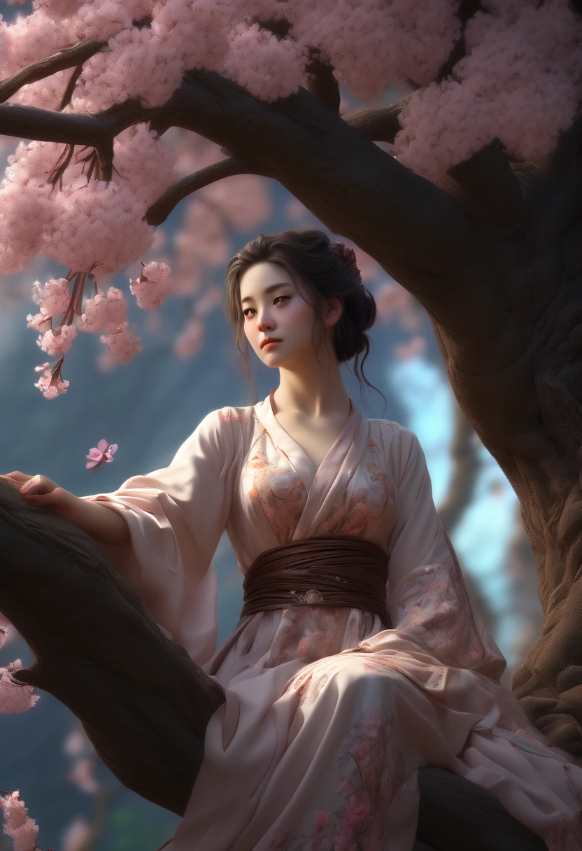 1girl, The Sakura Maiden, Treehouse built in a Cherry Blossom Tree, a very intricate and hyper-detailed oil painting by Daniel F Gerhartz, Clint Cearley, Eve Ventrue, volumetric lighting, gorgeous, swirling ornamentals, fluid acrylic, elegant gradients, photorealistic, a masterpiece, trending on Artstation, triadic colors, Epic cinematic brilliant stunning intricate meticulously detailed dramatic atmospheric maximalist digital matte painting, aesthetic