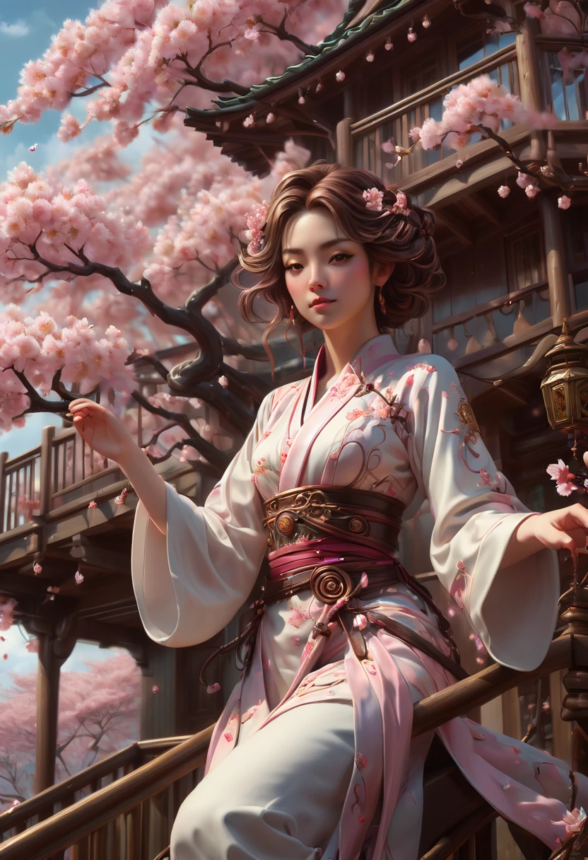 1girl, The Sakura Maiden, Treehouse built in a Cherry Blossom Tree, a very intricate and hyper-detailed oil painting by Daniel F Gerhartz, Clint Cearley, Eve Ventrue, volumetric lighting, gorgeous, swirling ornamentals, fluid acrylic, elegant gradients, photorealistic, a masterpiece, trending on Artstation, triadic colors, Epic cinematic brilliant stunning intricate meticulously detailed dramatic atmospheric maximalist digital matte painting, aesthetic