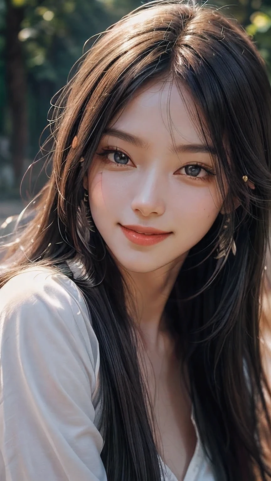 woman posing for a photo, Laugh, Happy, Long hair, Straight hair, finely detailed skin, During the day, A hot summer day, Nature lighting, (detailed face:1.2), sharp focus, masterpiece, Light makeup, cinematic lighting, 4k, best quality