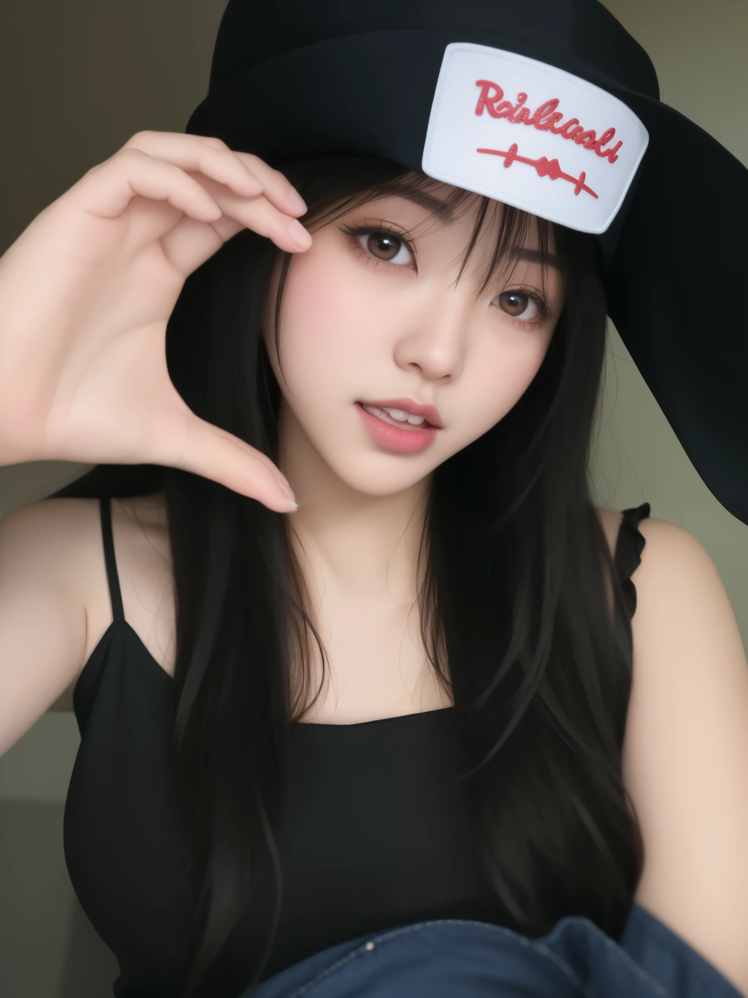 Mujer arafed con sombrero negro y top negro., ulzzang, cruel korean gothic girl, ella tiene el pelo negro con flequillo, chica anime en la vida real, ruan cute vtuber, muy baja calidad, foto de perfil en la cabeza, Chica tailandesa anime, sakimichan, chica linda-cara-fina, very muy baja calidad
