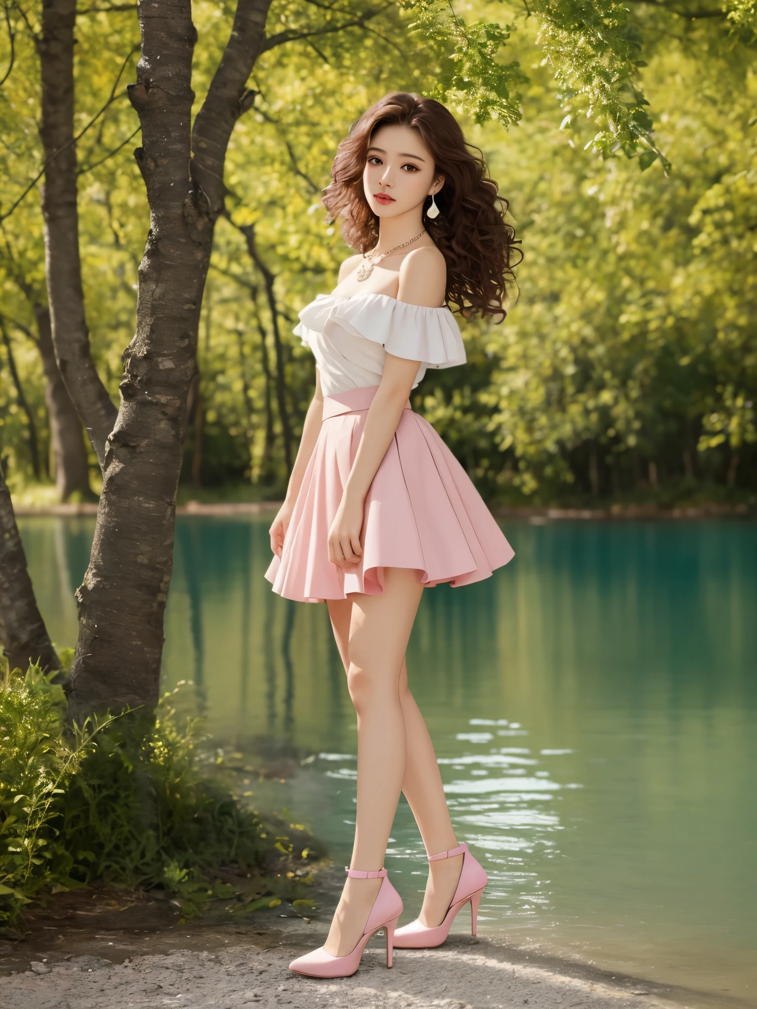 A woman in a pink skirt and white top standing near a lake - SeaArt AI