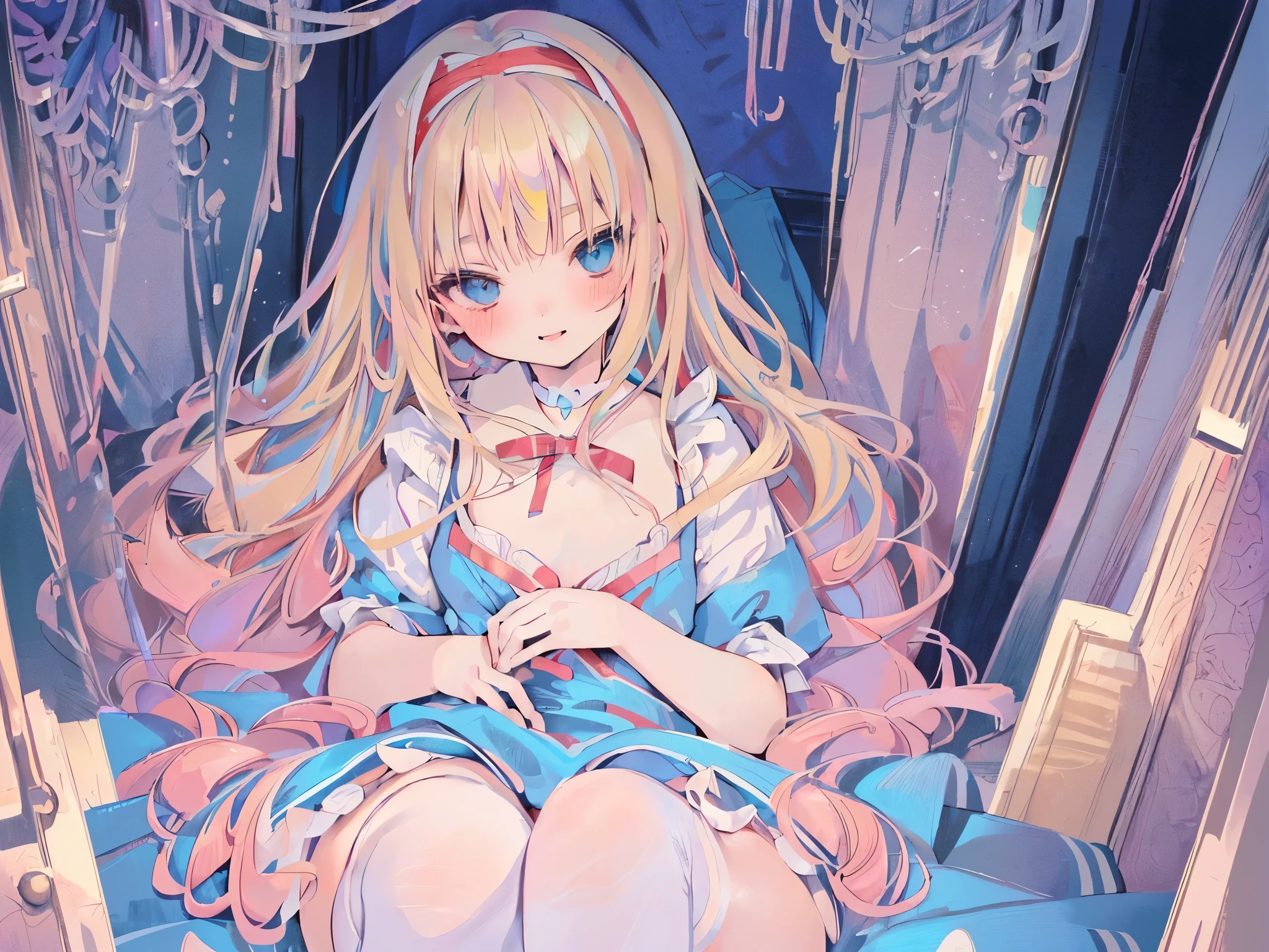 (Nsfw),High resolution, (An illustration: 1.3), anime、((highest quality)), (Super detailed), (beautiful), ((Detailed hotel big bed top:1.3)), alone,(young girl、9 :1.4)、cute face、(alice in wonderland costume:1.4),white and transparent skin、blue ribbon on head、Shiny pale colorful blonde long hair,masturbation,elated face、spread pussy
