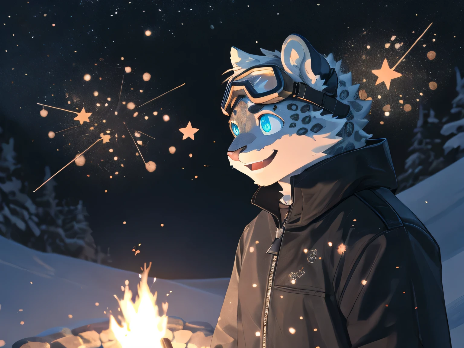 alone, ( males), Male snow leopard, white fur, (agent, Wear goggles), feel happy and happy，Optimistic and positive，Lovely，exquisite eyes, big fluffy tail, white round cat ears（pointed blue）, ((full body portrait)), (exquisite eyes, blue eyes,): 1.1, (outdoor: 1.35), bonfire, Star, night , (particle, scattered letters, orange light): 1.3, Detailed background, actual, actual hands, 8K HD, (dark shadow, wide dynamic range, high dynamic range, low light: 1.2)