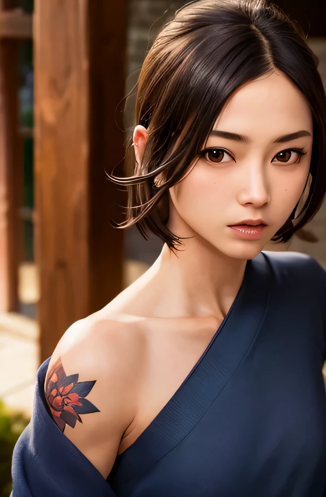 (masterpiece, highest quality:1), (realistic:1.2), light, written boundary depth, (detailed face, face focus:1), game CG, Super detailed, 8k, intricate details, hiqcg,

1 girl, alone,anime, looking at the viewer, kunoichi, , full body image, ninja pose, Japanese sword, kunoichi&#39;s clothes, Upper body, Ninja Run, tattoo, full body image, kunoichi pose