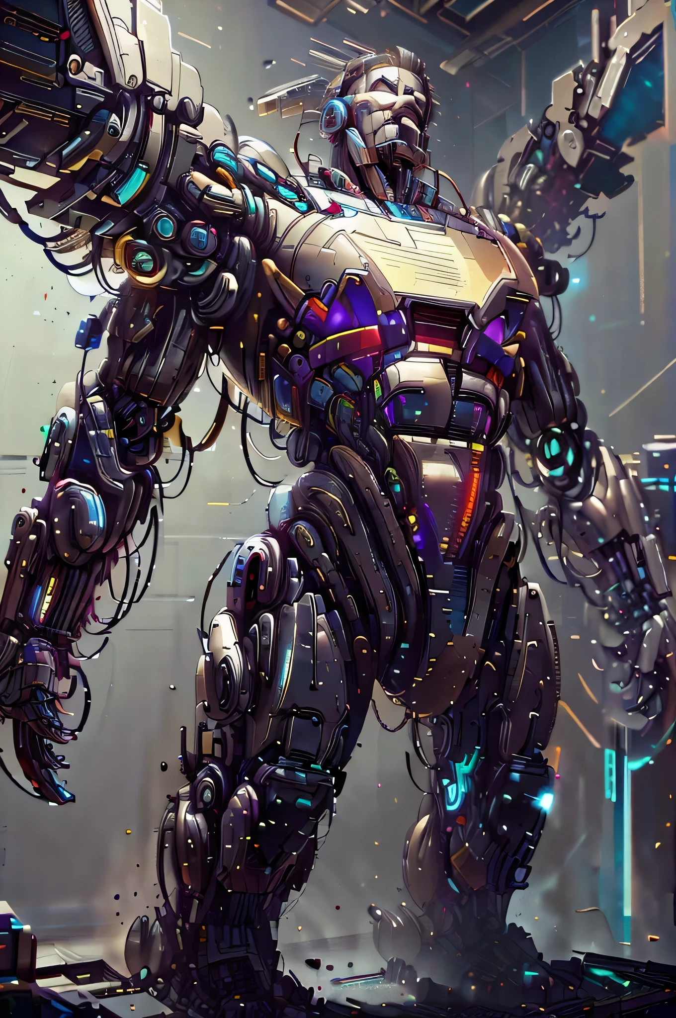 Superman from DC photography, biomechanics, complex robot, golden Superman logo, full growth, hyper-realistic, crazy little details, incredibly clean lines, cyberpunk aesthetic, masterpiece featured on Zbrush Central, cyberpunk city backdrop