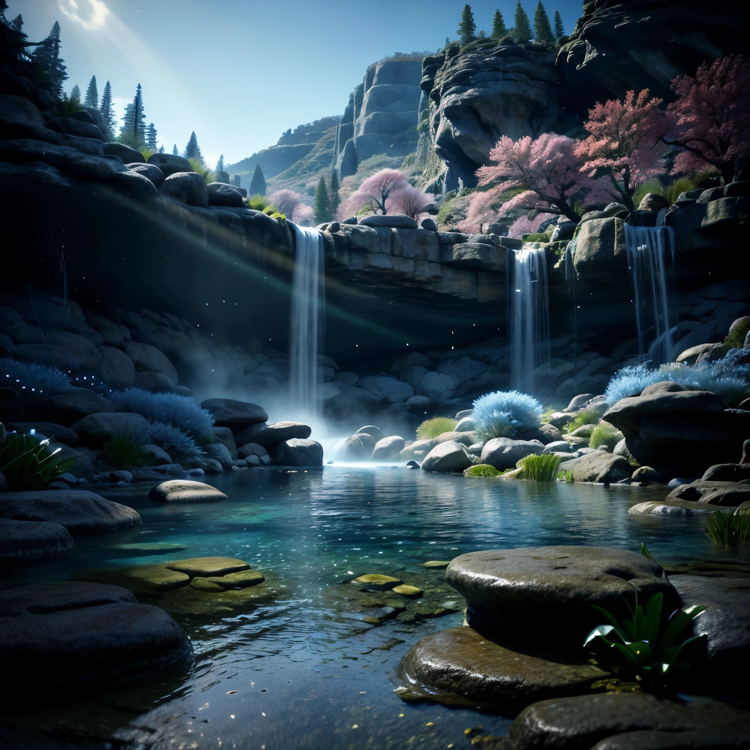 blue sky、daytime、waterfallが美しい山、HDR，small bridge over the river，water flowing，waterfall，forest，4K Ultra HD, ultra high resolution, (realistic: 1.4), highest quality，masterpiece，Nobody is here、realistic、