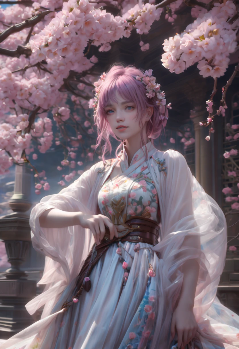 1girl, The Sakura Maiden, Treehouse built in a Cherry Blossom Tree, a very intricate and hyper-detailed oil painting by Daniel F Gerhartz, Clint Cearley, Eve Ventrue, volumetric lighting, gorgeous, swirling ornamentals, fluid acrylic, elegant gradients, photorealistic, a masterpiece, trending on Artstation, triadic colors, Epic cinematic brilliant stunning intricate meticulously detailed dramatic atmospheric maximalist digital matte painting, aesthetic