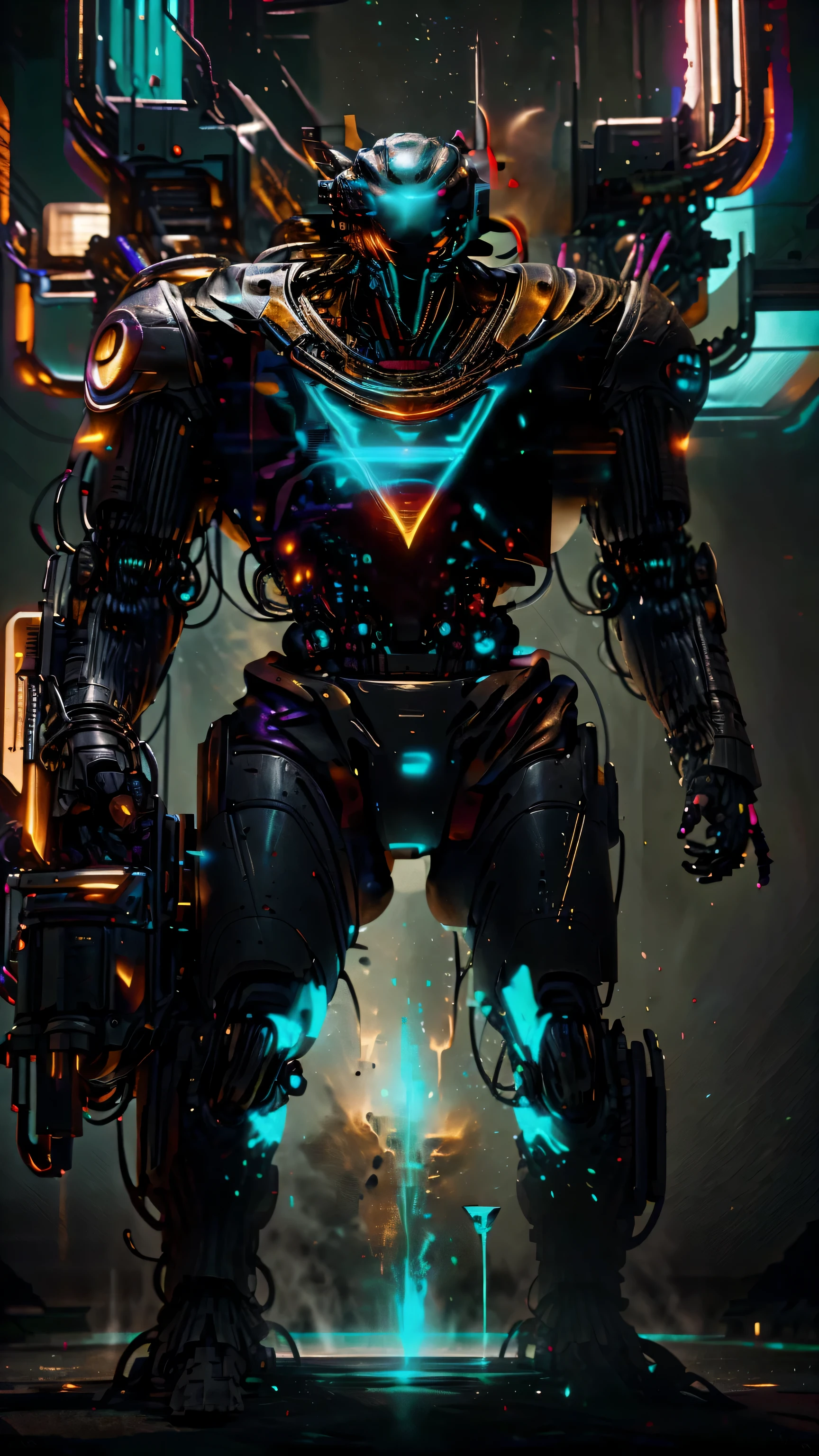 Magician showing his powers photography, biomechanics, complex robot, golden Magician logo, full growth, hyper-realistic, crazy little details, incredibly clean lines, cyberpunk aesthetic, masterpiece featured on Zbrush Central, cyberpunk city backdrop
