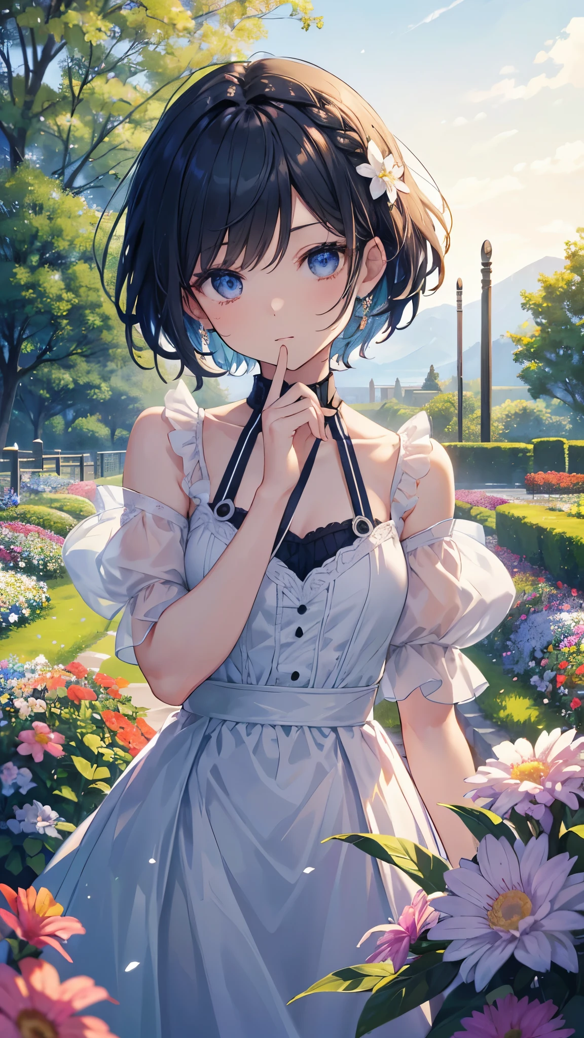 table top, highest quality,figure, wallpaper, Super detailed, absurd beauty、1 beautiful girl、 (medium short hair、short braided hair), highly detailed beautiful eyes , hair blowing in the wind、Please make your head smaller、flower garden、great outdoors、flower gardenの風景