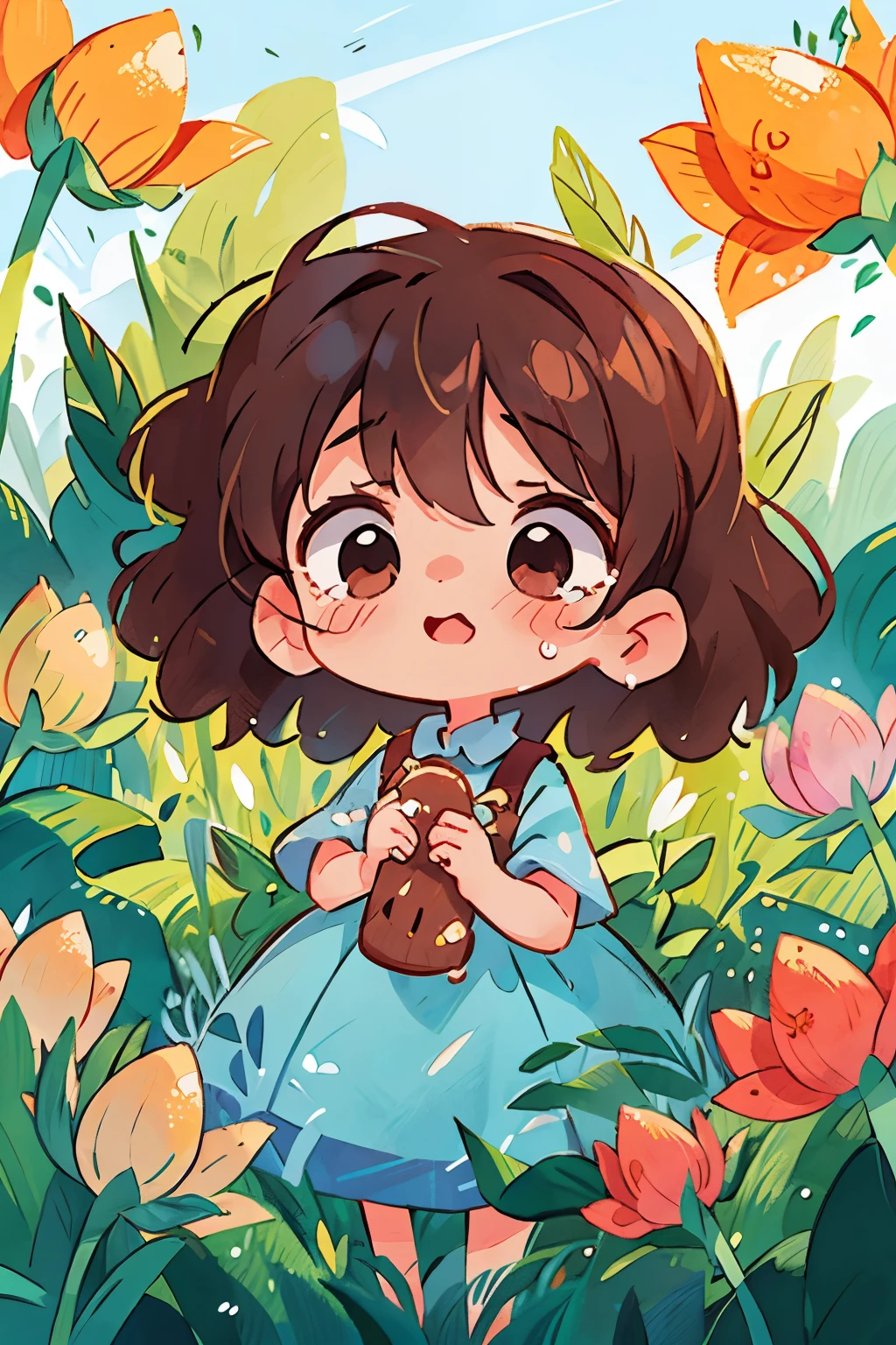 7 year old girl standing in a flower field、crying face、cute、brown hair、fluffy curly hair、light blue dress、Portrait