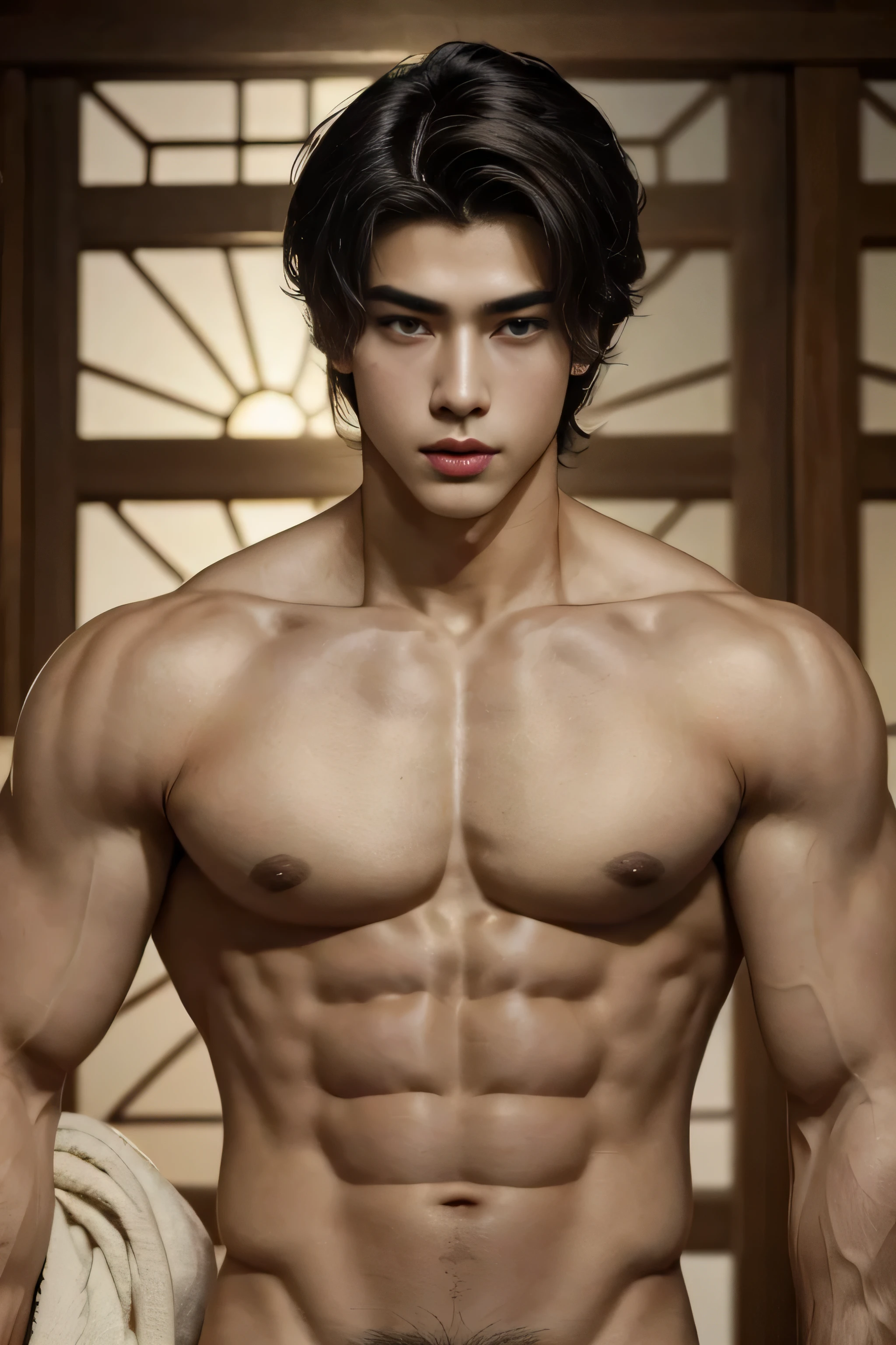 masterpiece, best quality, handsome Asian mixed 20 year old, fair skin male, shoulder length dark hair, perfect face, chest abs
