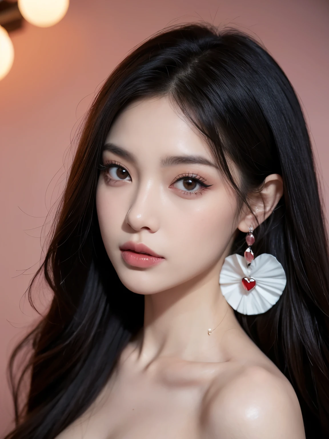Kim Jennie con el cabello negro oscuro, con rulos en las puntas del cabello negro oscuro, con un ganchito de estrella en el cabello negro oscuro, ojos de color claro, ojos bonitos, nariz bonita y respingada, labios bonitos, labios rosas, heart and cupid shaped lip, piel bonita, pale, white skin, con lunares y pecas en todo el rostro, rubor rosa suave en las mejilla, rubor rosa natural, dark and gothic makeup, Jennie gotica, cuellos bonito, cuello marcado, frown, mirada enojada, con un collar de beso, un collar bonito de beso, mientras muestra sus pechos desnudos, mientras tiene los pezones con dos corazones de papel rosa, tiene los pezonnes con corazones de papel rosa (pechos grandes, pechos suaves, pechos bonitos, pechos naturaleirando a la camara, autofoto