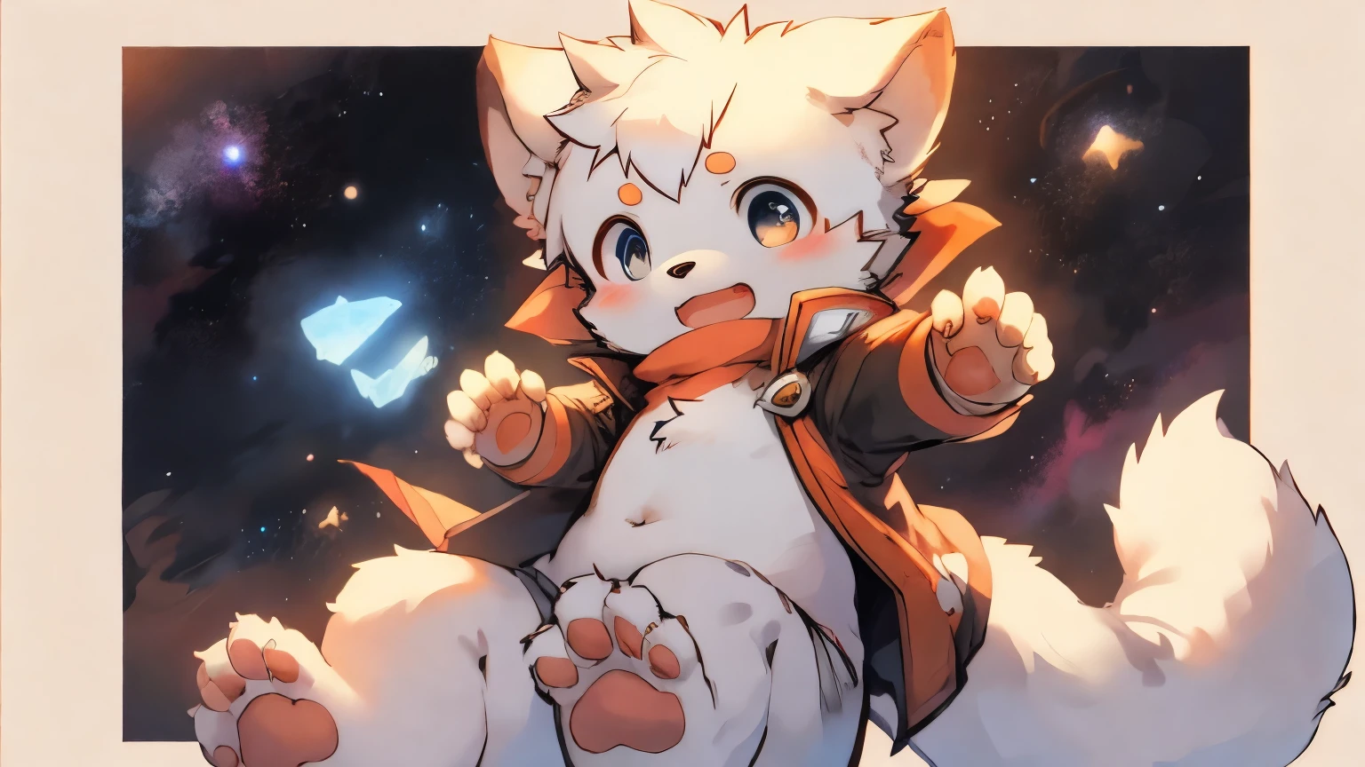 Shota ，male people，Q version，（ddlers，baThere is a pair on the forehead（small nipple）， dog，adolable，Master masterpieces， A high resolution，8K，detailedbackground，high high quality，Libido boy，no clothes，baiyun，（Warm light source：1.2）A worry expression，fullbody，paws,white tail ,by KIYO，white fur，no clothes，flying，space，Galaxy