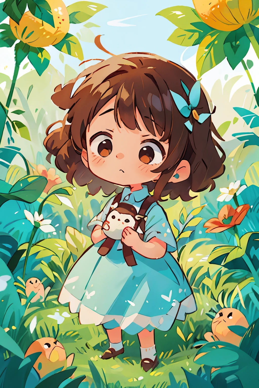7 year old girl standing in a flower field、Sad face、cute、brown hair、fluffy curly hair、light blue dress、Portrait