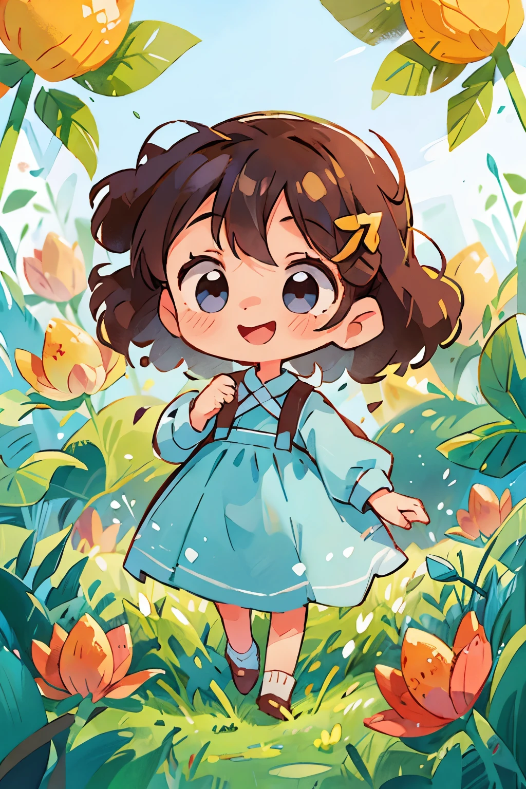 7 year old girl standing in a flower field、smile、cute、brown hair、fluffy curly hair、light blue dress、Portrait